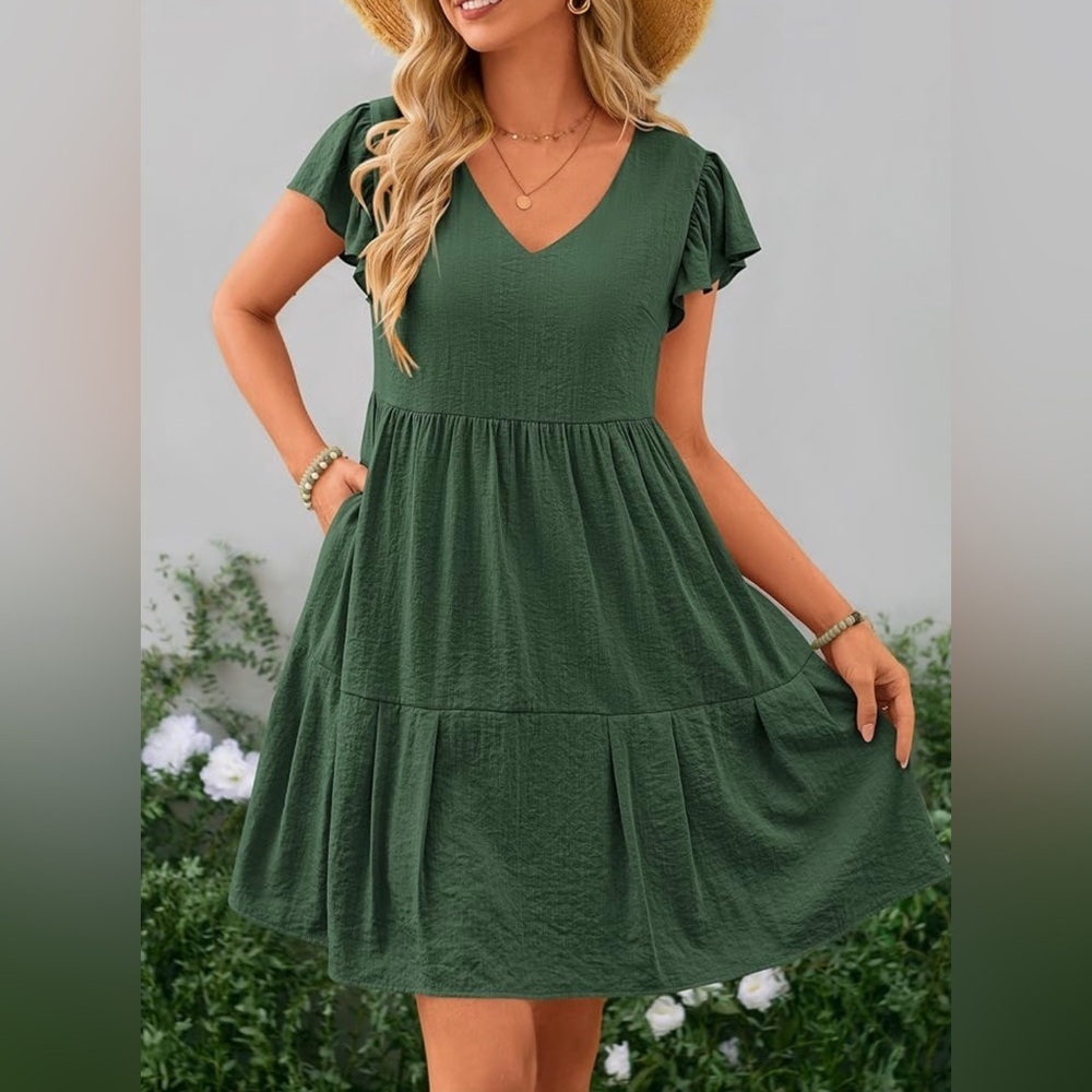 NWT Casual Short Dress Cap Sleeve V Neck Tiered Ruffle Swing A Line Dresses